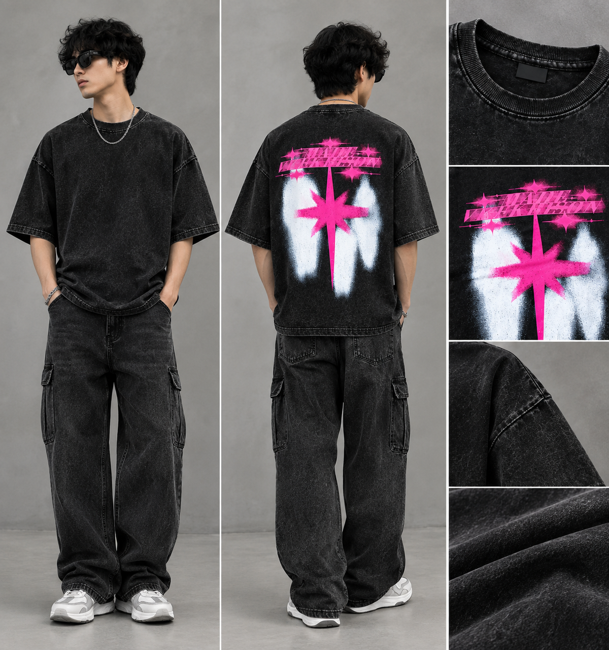 Acid Wash Black Tshirt With Pink Print back
