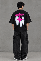 Acid Wash Black Tshirt With Pink Print back